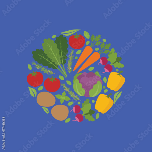 Colorful vegetables like tomatoes, carrots, potatoes, and cauliflower are arranged in a circular pattern on a blue background.