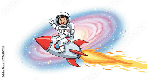 Illustration of a smiling astronaut riding a rocket ship with flames and a swirling galaxy background.