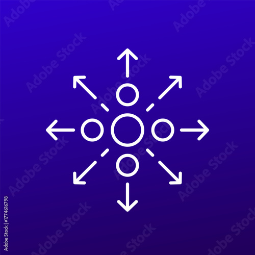 data distribution icon, thin line vector design with arrows on blue