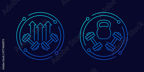 improve strength icons with dumbbells, gym and workout, linear design
