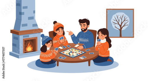 Cheerful family enjoying a fun board game night at home during winter holidays with a cozy fireplace ambiance, fostering togetherness and leisure