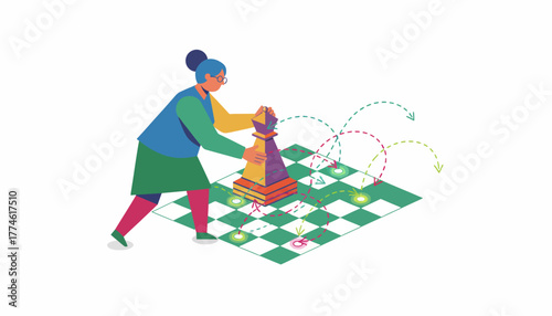 Business Strategy and Planning: Senior woman leader making a pivotal move with a chess piece, illustrating foresight and successful maneuvering.