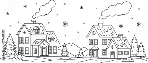 Winter village scene with houses trees and falling snow