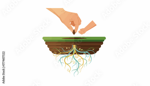 Intergenerational Investment and Growth: Adult hand planting a seed into soil, illustrating mentorship, legacy, and the financial foundations of future success.