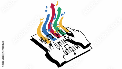 Hands Playing Sheet Music Generating Colorful Musical Notes and Dynamic Creative Flow Arrows