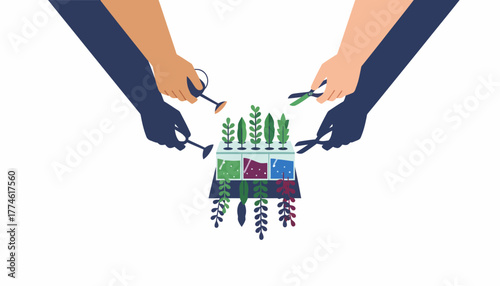 Collaborative Hydroponic Farming Management: Hands Nurturing Plants in Scientific Nutrient Solution for Sustainable Growth