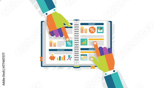 Collaborative Financial Planning: Hands Analyzing Budget and Savings Data in a Modern Flat Design Notebook