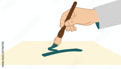Hand Holding Traditional Brush Drawing Teal Stroke on Canvas or Paper Illustration