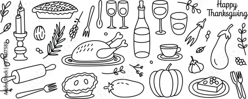 Thanksgiving feast elements candle pie turkey bottle glasses pumpkin
