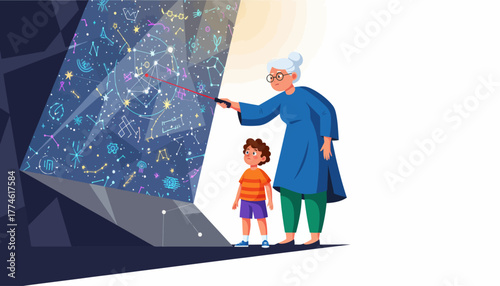 Generational Learning: Grandmother Uses Laser Pointer to Teach Young Boy About Constellations, Stars, and Astronomy on a Futuristic Science Display.