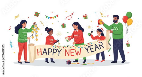 Happy family preparing for New Year, decorating with festive banner, lights, balloons, and gifts, embodying joy and togetherness