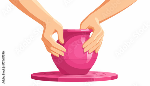 Hands Shaping a Clay Pot on a Potter's Wheel Vector Illustration. Concept of Craftsmanship and Creative Process.