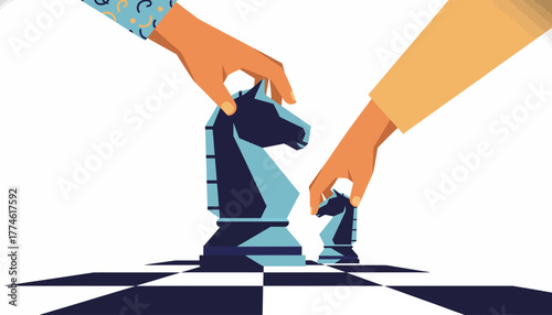 Strategic Business Planning: Hands Moving Chess Knights on a Board, Symbolizing Competitive Strategy and Corporate Decision Making