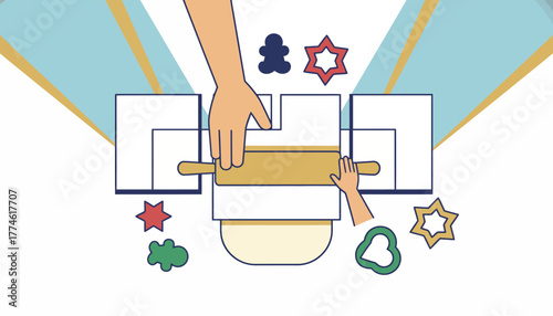 Flat Design Illustration of Hands Rolling Cookie Dough with Cutters for Holiday Family Baking