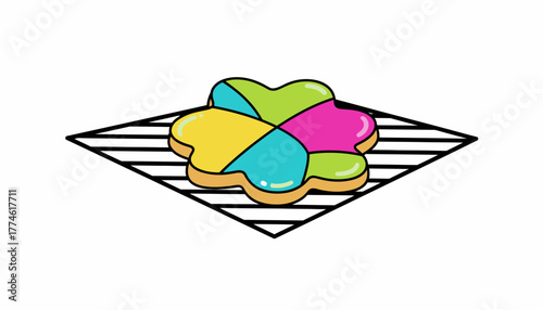 Retro Brightly Iced Flower Cookie Illustration on Baking Rack Isolated on White