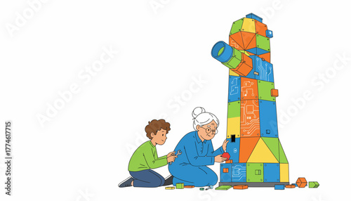 Intergenerational STEM Education: Grandmother and Boy Building a Modular Technology Tower with Electronic Circuit Blocks