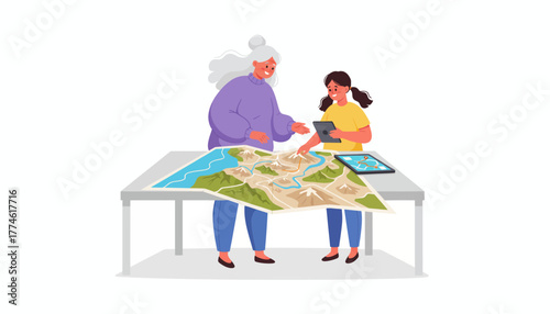 Generational Travel Planning: Older woman and young girl using a physical map and digital tablet to navigate an adventure route.