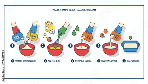 Step-by-Step Baking Ratios Diagram: Assembly Instructions for Combining Flour, Sugar, Milk, and Eggs in Sequence