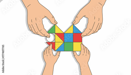 Intergenerational teamwork: Adult and child hands collaborate to build a colorful geometric house structure from vibrant blocks.