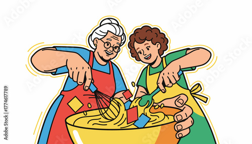 Happy Grandmother and Granddaughter Cooking Together, Mixing Batter in a Bowl. Family Baking Tradition Vector Illustration.