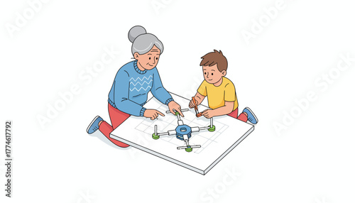 Intergenerational STEM Education: Grandmother and Grandson Building a Drone Model Together on the Floor