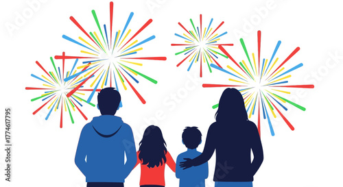 Rear view of a family silhouette enjoying a spectacular festive fireworks show against a white background