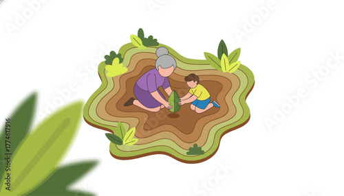 Grandmother and grandson planting a large seed in layered earth, symbolizing sustainability, growth, and intergenerational family legacy.