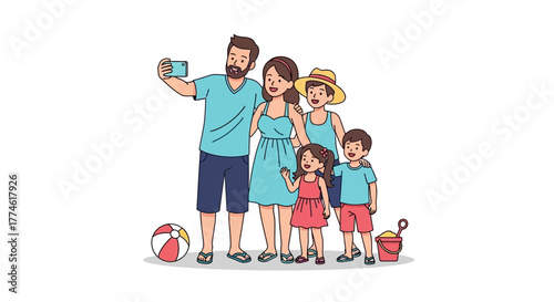 Joyful Family Capturing Beach Memories with a Summer Selfie