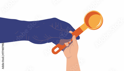 Adult Hand Passing Measuring Spoon to Child's Hand, Representing Teaching, Sharing, Mentorship, and Generational Transfer.