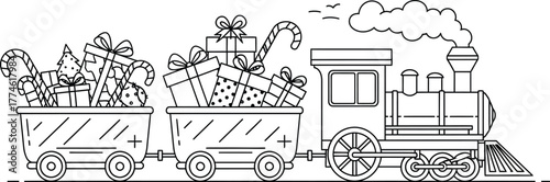 Festive train carrying christmas gifts and candy canes vector