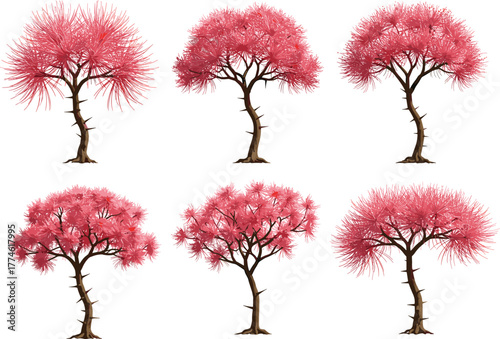 Beautiful pink tamarisk tree illustration with blooming flowers and delicate branches, elegant botanical vector design for garden decoration and nature artwork