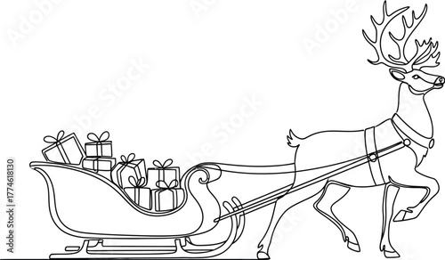 Reindeer pulling santa's sleigh filled with christmas gifts