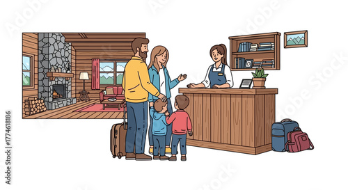 Family checking into a cozy log cabin lodge at a resort with a friendly receptionist