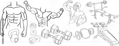 hand-drawn vector illustration of gym equipment & a bodybuilder