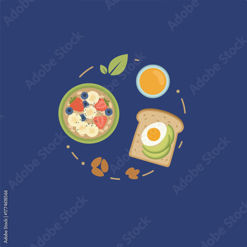A simple, flat illustration of a healthy breakfast scene featuring oatmeal, toast with avocado and egg, and juice, all encircled by dotted lines and organic elements.