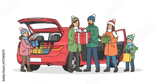 Joyful Family Unpacking or Loading Festive Christmas Presents with Red Car for Holiday Celebration