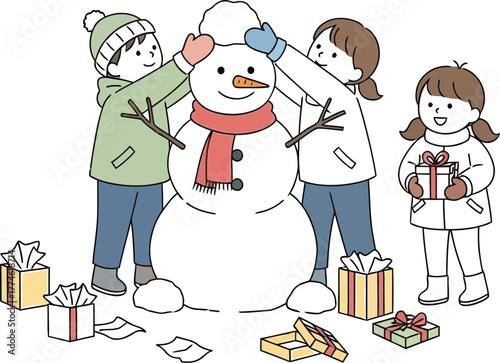 Children building a snowman with gifts on a winter day