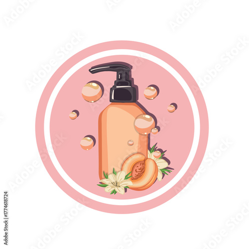 Peach shower gel bottle packaging illustration