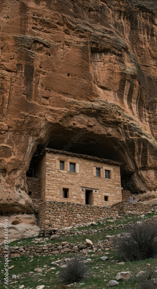 Fototapeta premium Dramatic view of a remote architectural dwelling nestled securely into a towering cliff face, showcasing durable stone construction and extreme isolation, construction, vast, remote