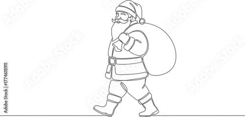 Santa claus carrying a sack in a single line drawing