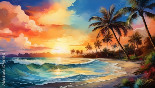 hawaii paradise seascape caribbean resort tropic palm shore watercolor wave sunrise horizon