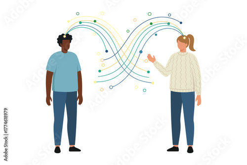 Concept of knowledge sharing and communication between diverse people, idea exchange, teamwork, collaboration, learning and connection, creative discussion and mutual understanding illustration.