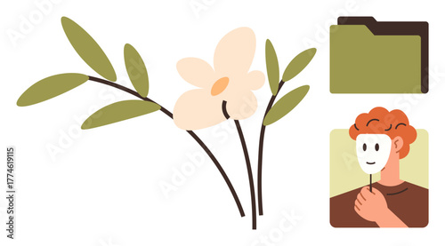 Flower branch with green leaves, office folder, and masked individual combining nature, organization, identity, and emotion. Ideal for creativity, psychology, nature work personal growth