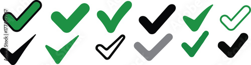 Approved and Completed Symbol Set. Confirmation and Approval Icon Set .Minimalist Check Marks Vector Pack .Flat Style Tick Icons