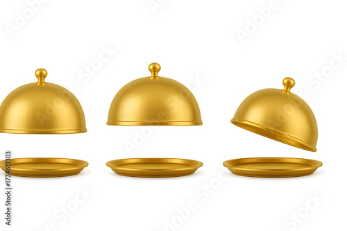 Three golden cloche food covers in different positions for luxury dining use on transparent background