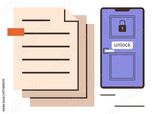 Stack of papers next to locked purple door with unlock icon, symbolizing secure document access. Ideal for data protection, privacy, cyber security, permissions, encryption, authentication, secure