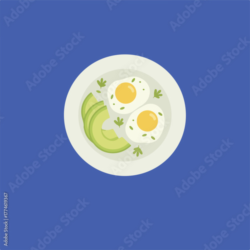 An overhead shot of a plate with two fried eggs, sliced avocado, and parsley on a white plate set against a solid blue background.