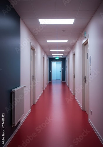 Vue large et lumineuse d'un couloir de clinique moderne, mettant en évidence la propreté, la stérilité et l'accès facile aux salles de soins, lumineux, hôpital, médecine