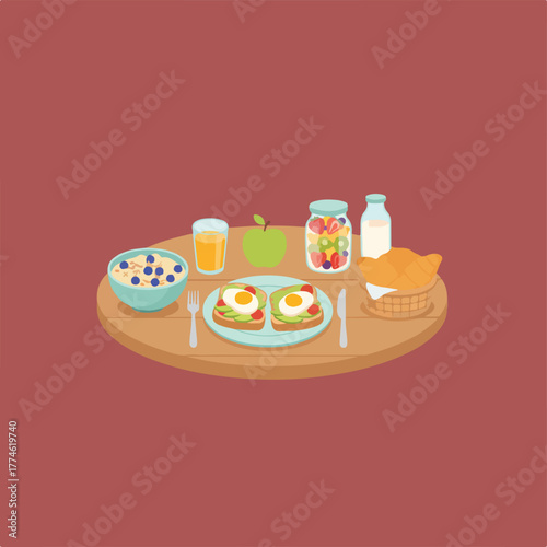 A cartoon illustration of a breakfast meal with oatmeal, avocado toast, juice, apple, fruit salad, milk, and pastries on a wooden table.