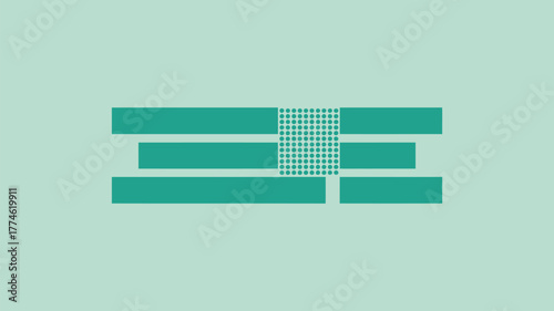 Abstract teal design featuring horizontal bars and a central dotted square on a light teal background